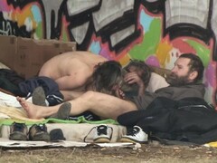 Pure Street Life Homeless Threesome Having Sex on Public Thumb