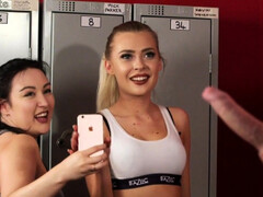 Voyeur gym duo film JOI in fitness lockerroom Thumb